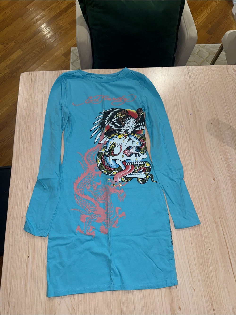 Ed Hardy Turquoise Long Sleeve Graphic Tee Dress with Skull & Snake